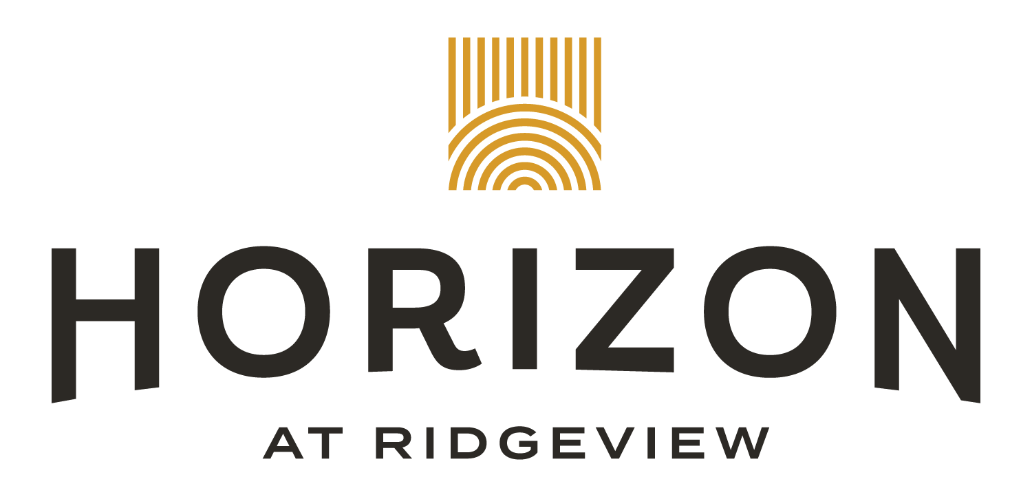 A logo with the text "Horizon at Ridgeview" in front of a green background.